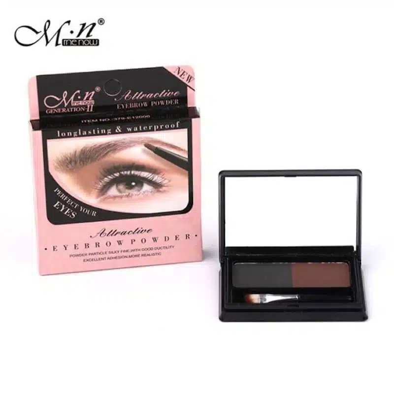 Menow Attractive Eyebrow Powder compact open, revealing two brown shades, mirror, and applicator brush. - thumbnail