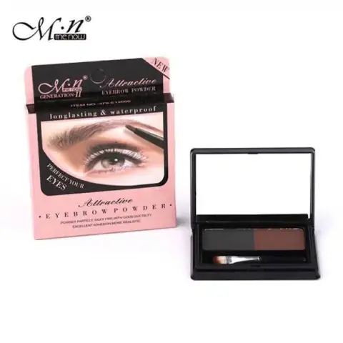 Menow Attractive Eyebrow Powder compact open, revealing two brown shades, mirror, and applicator brush.