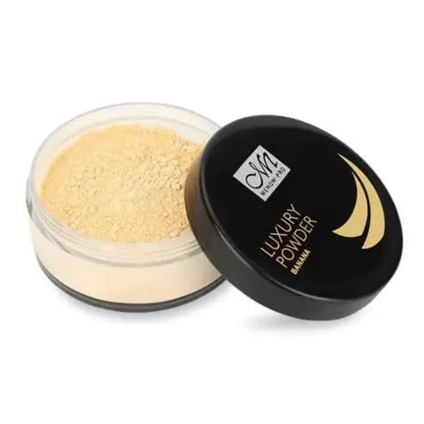 Menow Banana Luxury Loose Powder 15g, clear jar with gold lid, displaying yellow powder.