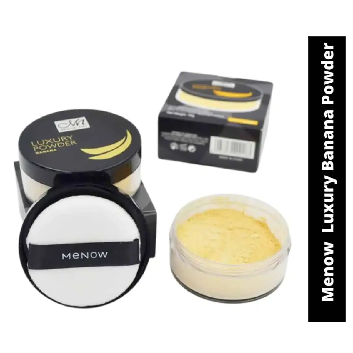 Open Menow Banana Luxury Loose Powder jar, sifter and fine light yellow powder visible. - thumbnail