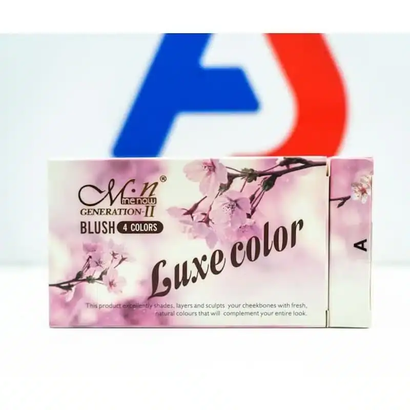 Menow Blusher 4 Colors Luxe Color compact open, revealing four warm, peachy blush shades and brush. - thumbnail