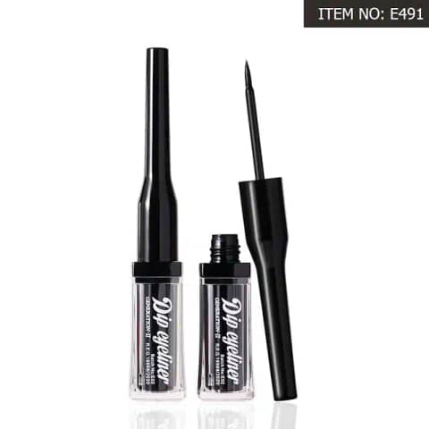 Black Menow Dip Eyeliner E491 tube standing upright, showcasing its sleek packaging.