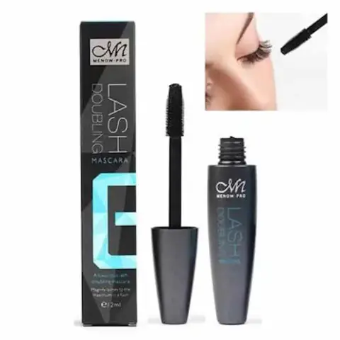 Menow Doubling Lash Mascara in sleek black tube with gold lettering standing upright on a white background.
