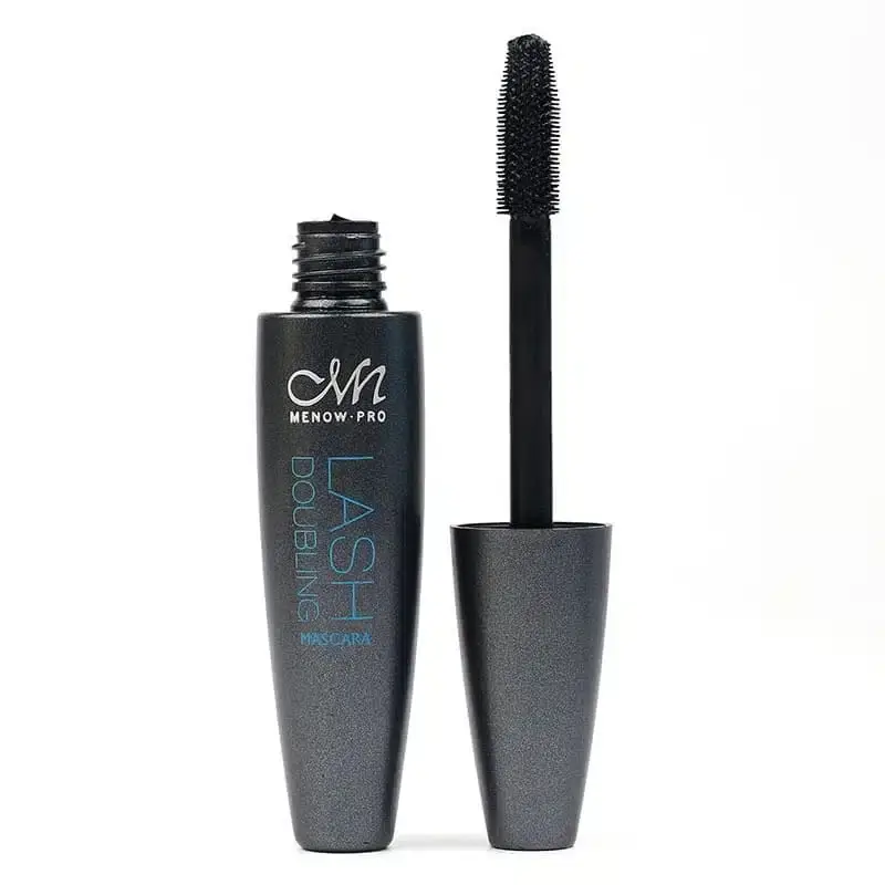 Two Menow Doubling Lash Mascara tubes, one showing the applicator wand with thick curling brush. - thumbnail