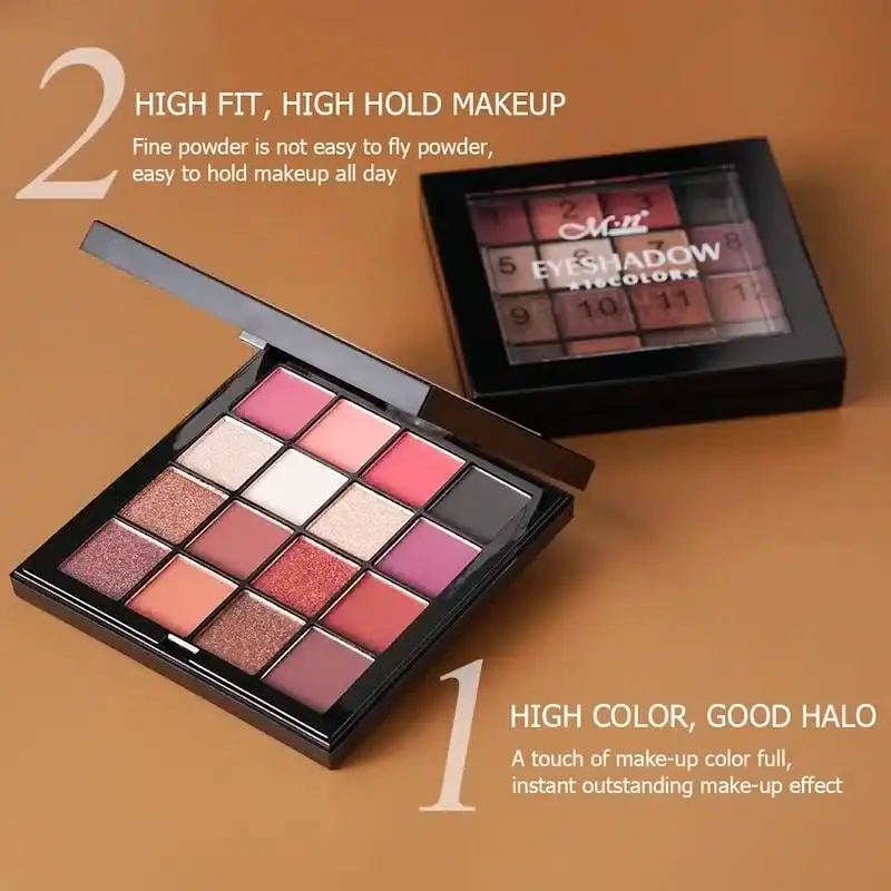Menow 16-color eyeshadow palette open, showcasing diverse matte and shimmery shades with applicator. - thumbnail
