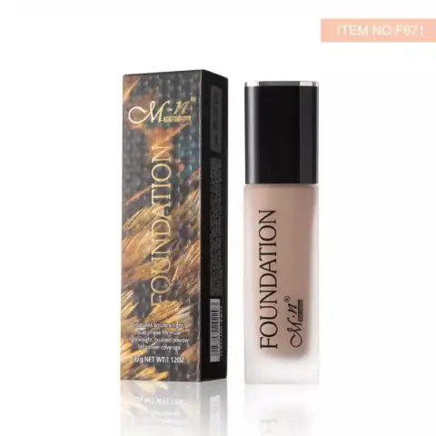 Menow Full Coverage Liquid Foundation F671 in its cylindrical black bottle with gold cap, front view.