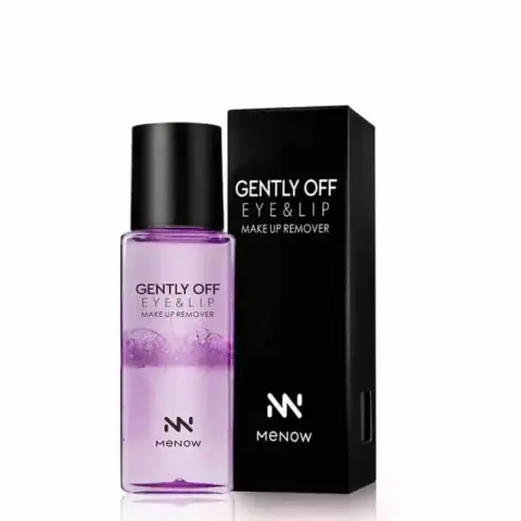 Menow Gently Off Eye&Lip Makeup Remover in clear bottle, displaying bi-phasic blue and clear liquid.