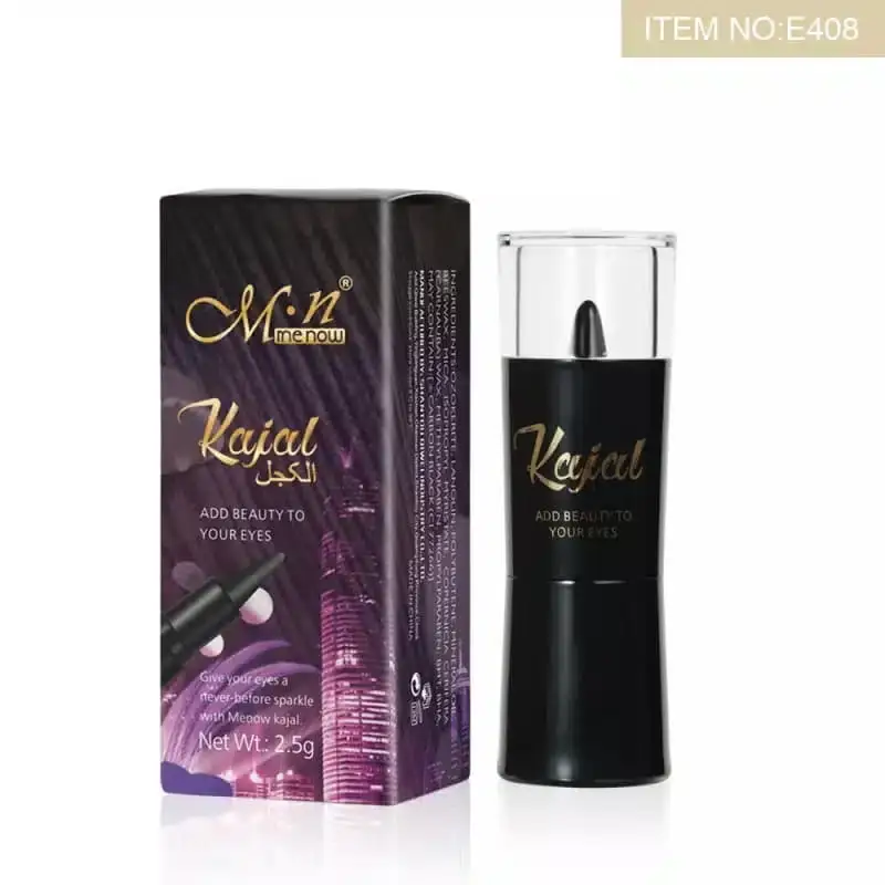 Close-up of a Menow black kajal pen with its cap off, revealing the dark tip. - thumbnail