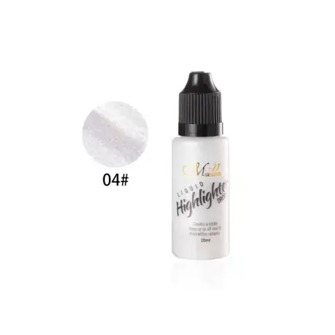 Menow Liquid Highlighter Drops 4 in a clear glass bottle with a dropper, showing shimmering gold liquid.