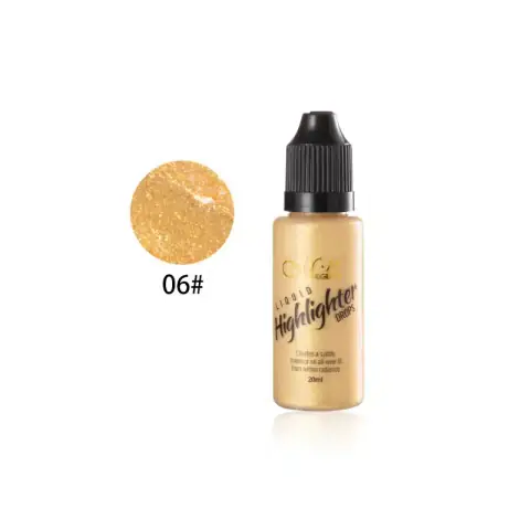 Menow Liquid Highlighter Drops in a clear glass bottle with silver dropper, shimmering golden liquid.
