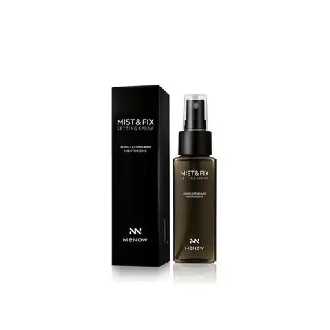 Menow Makeup Mist and Fix Setting Spray, clear bottle, white cap, prominent label.