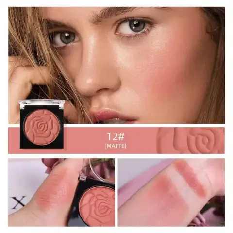 Round Menow Mineral Powder Blush compact showing peachy coral shade 12 and applicator brush.