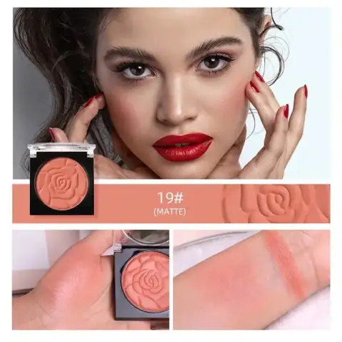 Menow Mineral Powder Blush 19, a sleek black compact with clear lid revealing its peachy-pink shade.