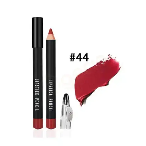Menow C44 creamy texture pencil lipstick, capped and angled, revealing its smooth reddish-brown tip.
