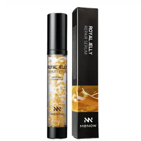 Menow Royal Jelly Repair Face Serum Primer in a luxurious gold bottle with a dropper applicator, front view.