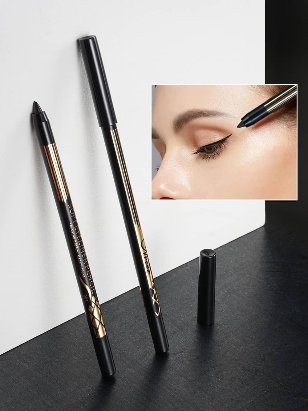 Full view of Menow Soft Eyeliner Pencil Kajal, black, with brand logo and sharpened tip. - thumbnail