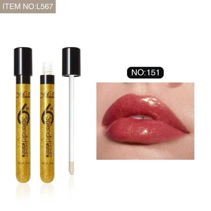 Menow Splendid Honey Lip Gloss Gold (Shade-151) in a clear tube with black cap, standing upright. - thumbnail