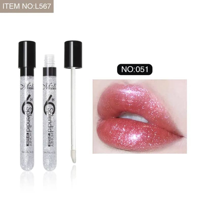 Menow Splendid Honey Lip Gloss, silver shade 051, in a clear tube with a silver cap. - thumbnail