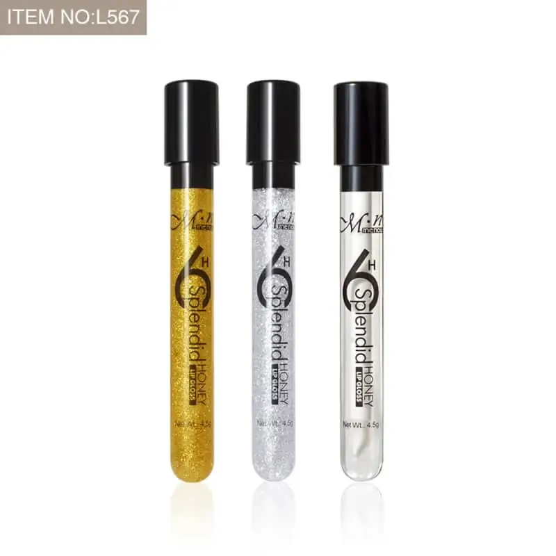 Menow Splendid Honey Lip Gloss tube lying down with its applicator pulled out, displaying the soft tip. - thumbnail