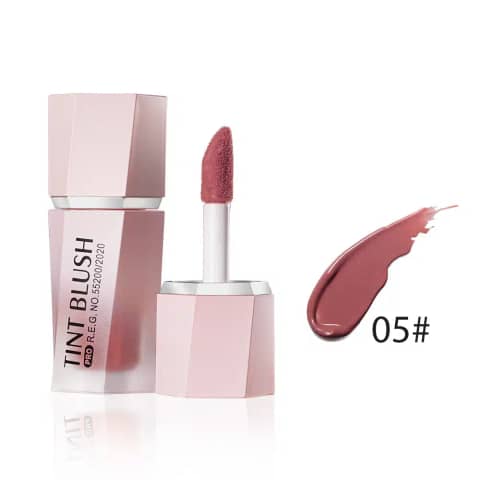 Menow Tint Liquid Blush 05 in a clear bottle, showcasing its vibrant pink liquid color.