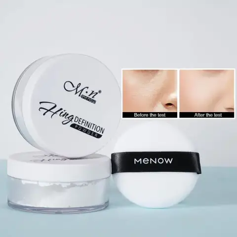 Menow High Definition Translucent Loose Powder jar with black lid and soft puff resting on top.