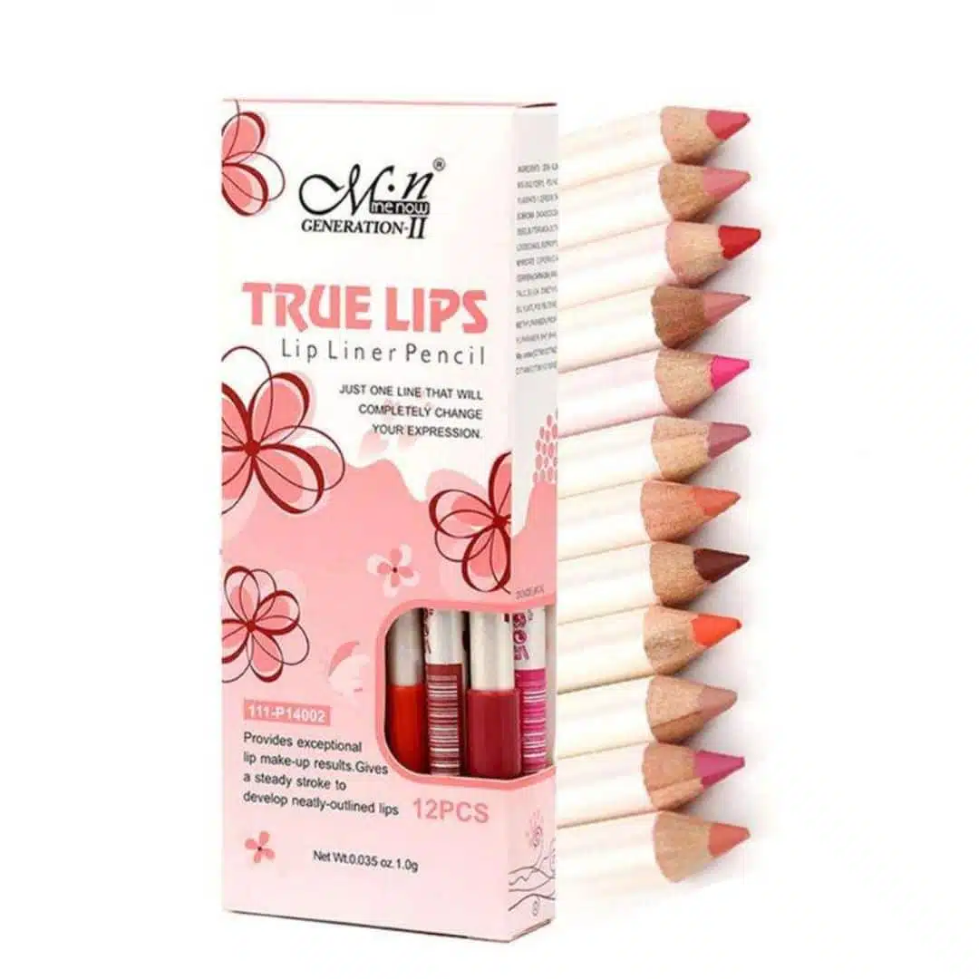 Menow True Lip Liner Pencil 12-piece set in various shades, neatly arranged in packaging. - thumbnail