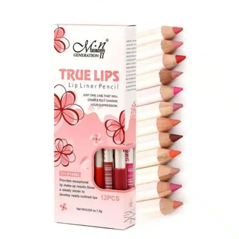 Menow True Lip Liner Pencil 12-piece set in various shades, neatly arranged in packaging.