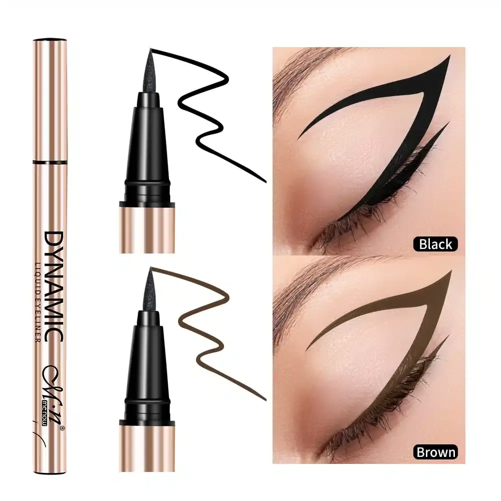 Two Menow 24h long-lasting black liquid eyeliner pens with gold caps, arranged horizontally. - thumbnail