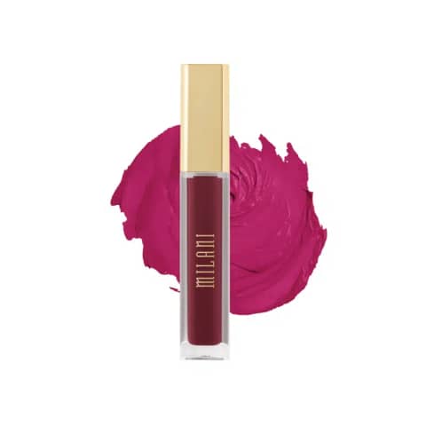 Milani Amore Matte Lipstick Gorgeous, showing full sleek clear packaging and gold cap.