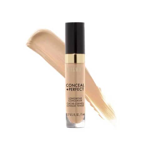 Milani Conceal + Perfect Longwear Concealer in 135 Medium Beige, showing golden cap and clear tube with applicator wand.
