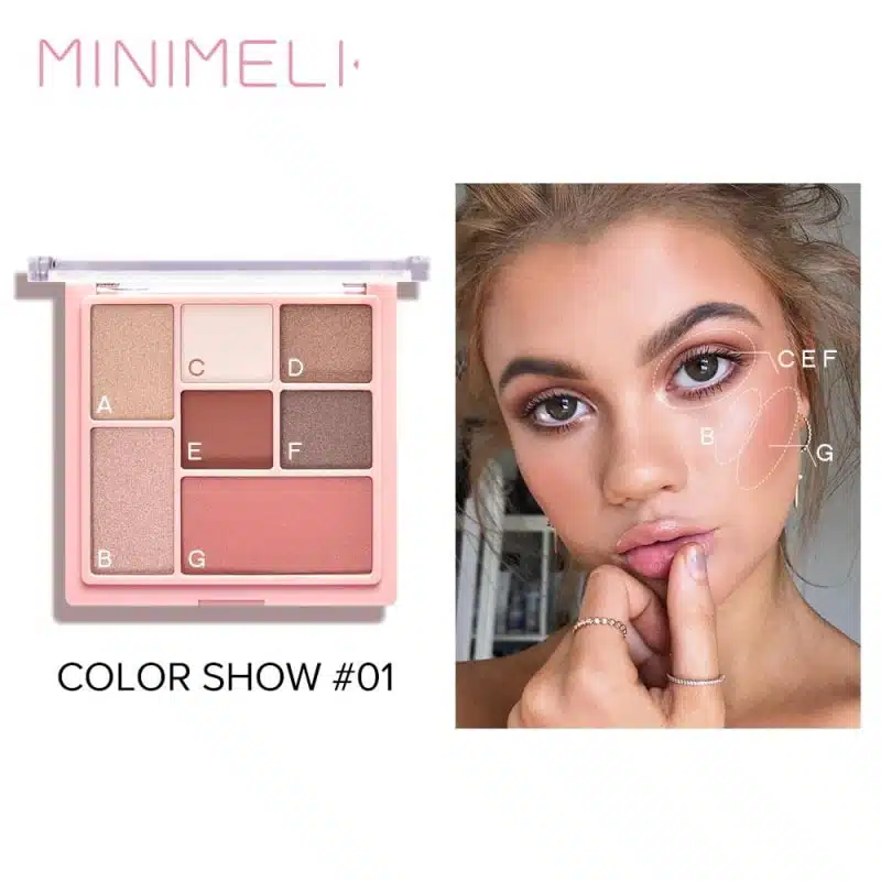 Minimeli 3-in-1 matte eyeshadow, highlighter, and blush palette open, revealing warm neutral shades. - thumbnail