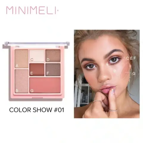 Minimeli 3-in-1 matte eyeshadow, highlighter, and blush palette open, revealing warm neutral shades.