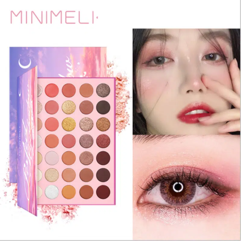 Minimeli 35 Colors eyeshadow palette open, showcasing a vibrant range of matte and glitter shades. - thumbnail