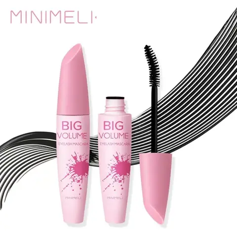 Minimeli Big Volume Hypercurl Mascara in sleek black and gold packaging, brush slightly out.