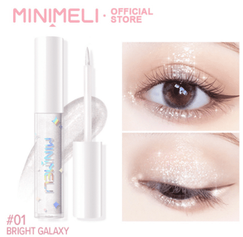 Minimeli Liquid Glitter Eyeshadow 01 Bright Galaxy tube stands upright, showcasing shimmering silver glitter inside clear packaging.