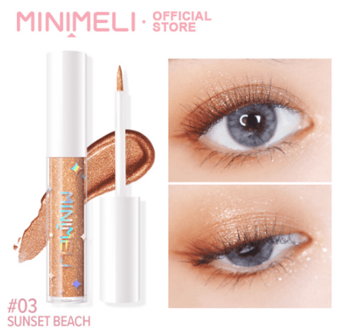 Vibrant Minimeli Liquid Glitter Eyeshadow, shade 03 Sunset Beach, in clear tube with metallic cap.