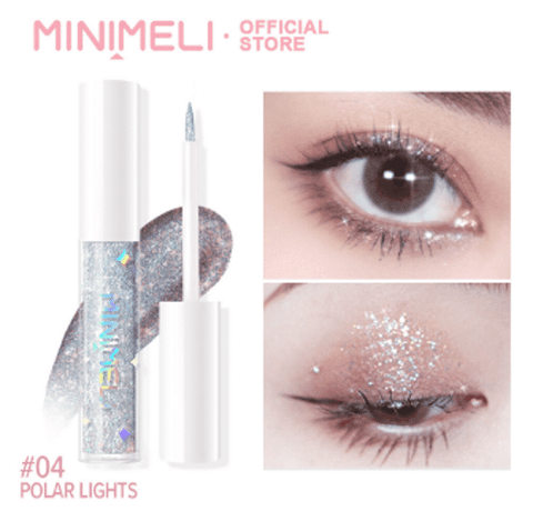 Minimeli Liquid Glitter Eyeshadow in 04 Polar Lights, showcasing the clear tube with shimmering silver glitter.