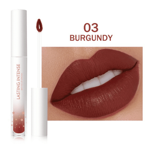 Minimeli Matte Waterproof Liquid Lipstick in 03 Burgundy, sleek tube, clear base, black cap.