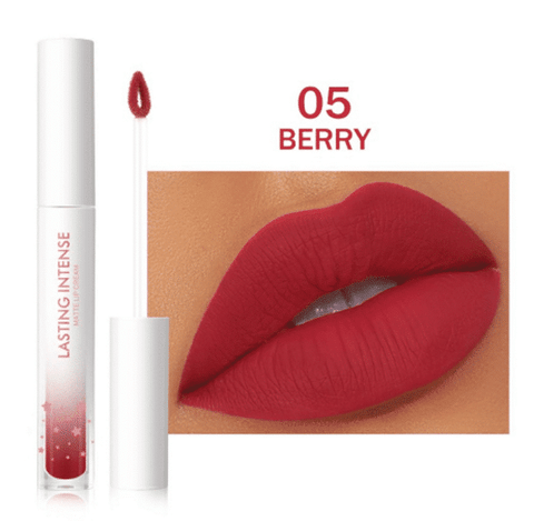 Minimeli Matte Liquid Lipstick in 05 Berry, sleek black tube, applicator displaying rich color.
