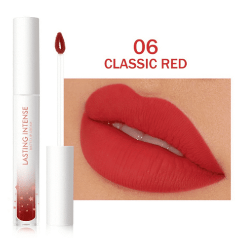 Minimeli Matte Liquid Lipstick 06 Classic Red, showcasing its sleek black and transparent tube.