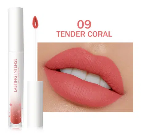 Minimeli 09 Tender Coral Matte Liquid Lipstick, upright, showing clear tube, black cap, and brand details.