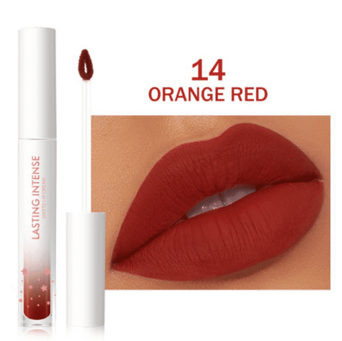 Minimeli Matte Liquid Lipstick 14 Orange Red, with sleek black tube and vibrant swatch.