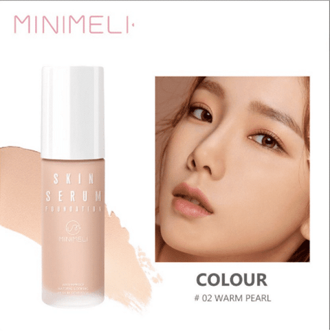 Minimeli Matte Serum Foundation 30ml, 02 Warm Pearl, clear glass bottle with black pump.