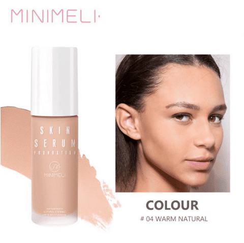 Minimeli Matte Serum Foundation, 04 Warm Natural, in a clear glass bottle with black pump.