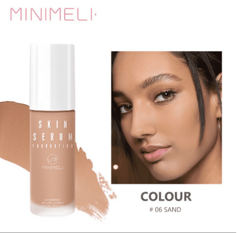 Minimeli Matte Serum Foundation 06 Sand, 30ml, clear bottle with white pump and cap.