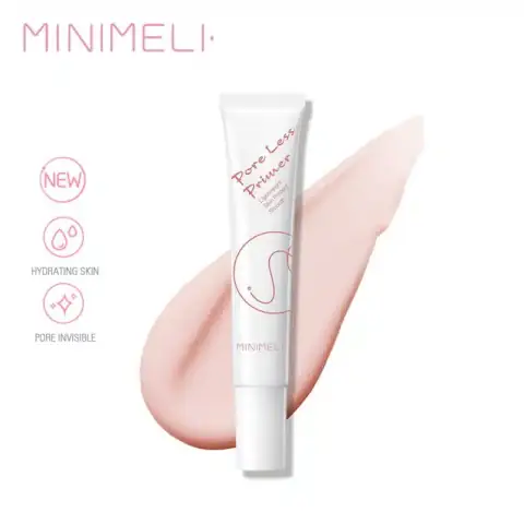 Minimeli Pore Invisible Primer 12ml in clear glass bottle with white pump and cap, front view.