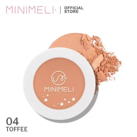 Minimeli 04 Toffee pressed powder compact, showing its warm brown shade through a transparent lid.