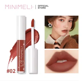 Minimeli Soft Matte Liquid Lipstick 02 tube, elegant clear design, highlighting its warm brick red shade.
