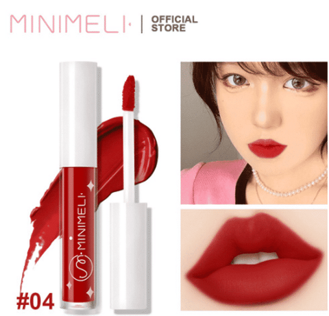 Minimeli Soft Matte Liquid Lipstick 04, deep rosy nude, clear tube with black cap, standing.