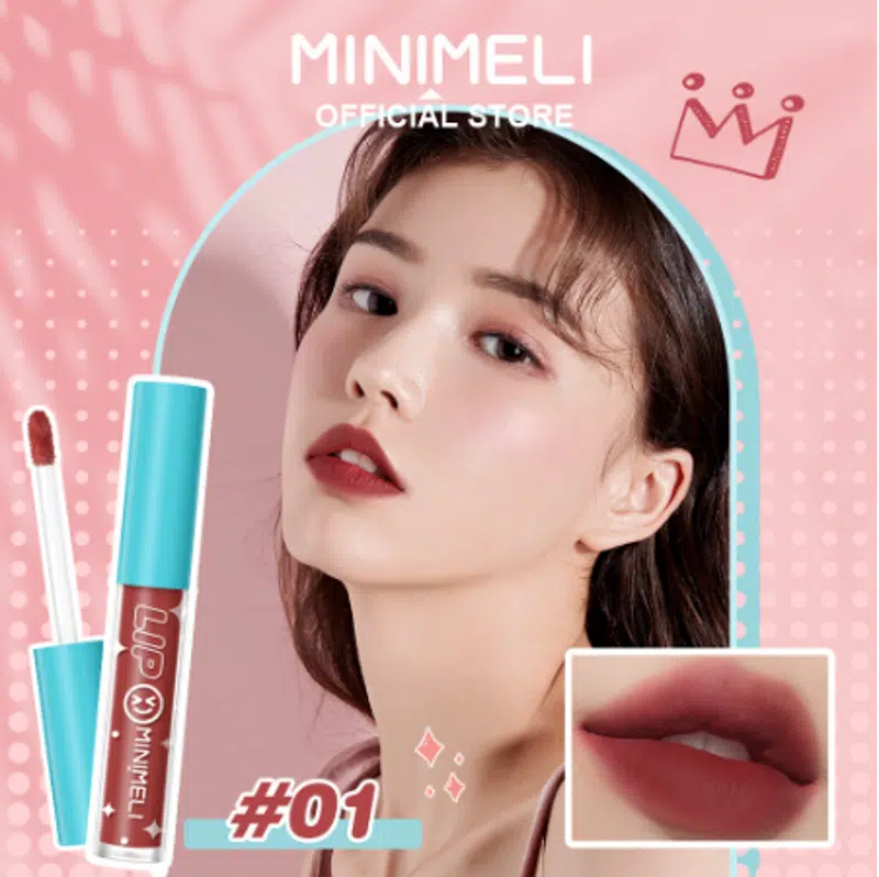 Minimeli M101 Soft Matte Liquid Lipstick in a peachy nude shade, transparent tube and applicator.